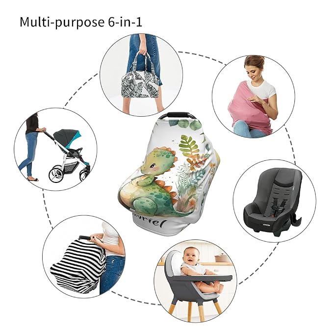 Personalized Dinosaur Baby Car Seat Cover with Name,Multi-Use Canopy for Nursing, Strollers,Shopping Carts,Customized Breastfeeding Cover, Full Privacy,Infant Stroller Cover