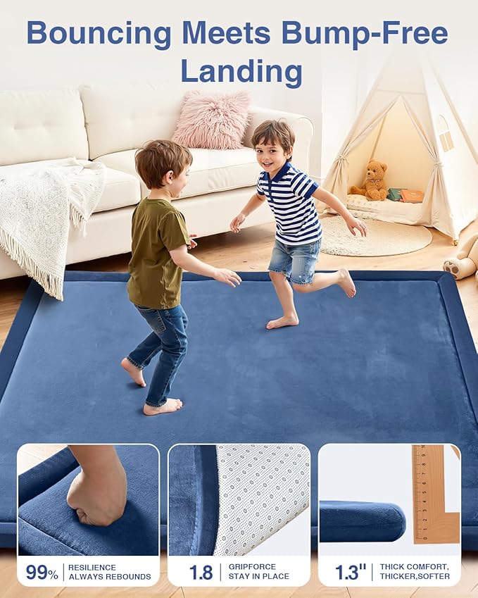 Baby Play Mat for Floor,1.3" Thick 50x50 Playpen Mat,Tummy Time Foam Mats,Plush Soft Padded Playmate for Babies 6-12 Months Crawling,Non-Slip Nursery Rug for Toddler Kids Playroom(Navy Blue)