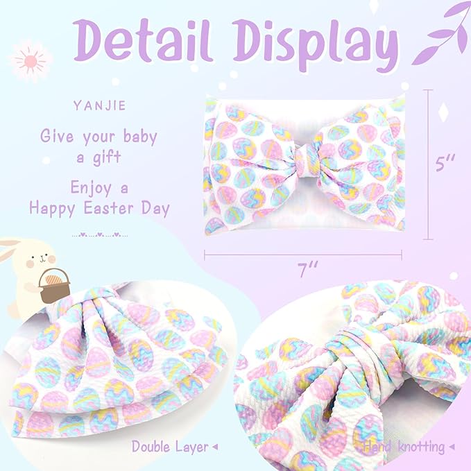 YanJie 7" Easter Headbands Egg Bows Headbands Girls Newborn Infant Nylon Hairbands Bunny Headband Easter Hair Accessories White Purple Party Costume