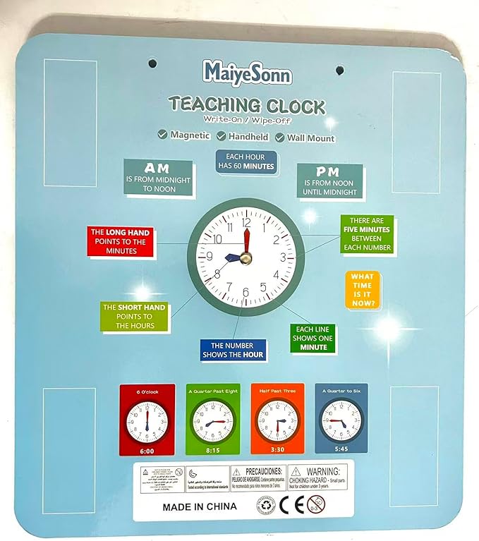 Teaching Clocks for Kids, Large Magnetic Writable Dry Erase Learning Clock with Pen,12" Teaching Demonstration Clock Learning Time to Tell Time for Kids Home School Classroom Supplies-Blue