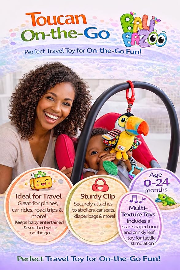 Balibazoo Toucan Hanging Baby Toy – Soft Plush Sensory Rattle with Crinkle Wings, Hidden Bell & BPA-Free Teether | Clip Attaches to Stroller, Car Seat, Gym | Developmental Toy for Babies 0-24M