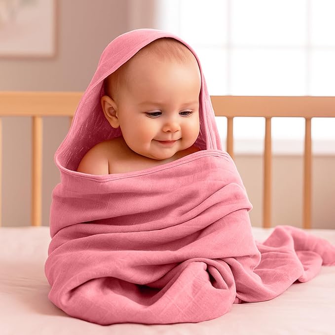 Preboun 4 Pcs Muslin Hooded Baby Towels,32"x 32" Cotton Newborn Bath Towel Muslin Infant Baby Blankets Absorbent Unisex Newborn Registry Gift for Girls Boys(Light Pink Series)