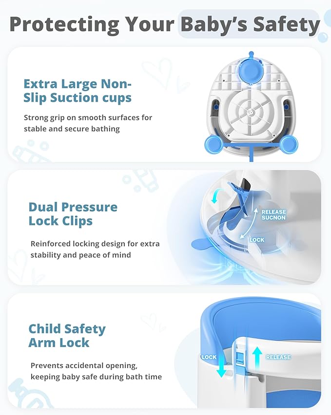 ONTHEWEI Baby Bath Seats for Babies Sitting Up, Non-Slip Baby Bathtub with 3 Suction Cups, Safe & Comfortable Toddler Bath Seat Ideal for Baby Bath/Shower Support, Stable Design, Grey (6-24 Months)