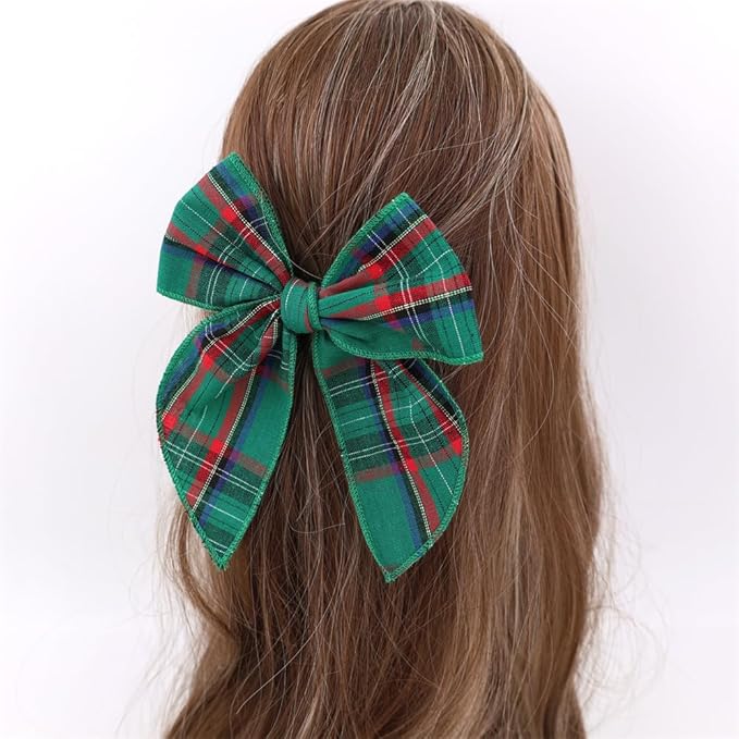 Set of 4 Tartan Green Bow Hair Clips for Little Girls Toddler Baby Mom Women Hair Barrettes Accessories 3 Styles School Uniform Plaid Bows