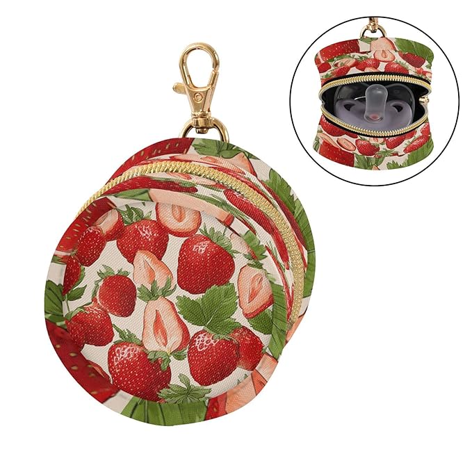 Pacifier Holder with Clip Pacifier Case for Diaper Bag Round Baby Pacifier Pouch Box Bag Portable Red Strawberries Leaves