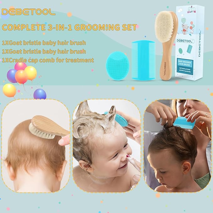 DEBETOOL Cradle Cap Brush and Comb Set with Baby Hair Brush - 3-Piece Wooden Baby Brush Kit for Newborns and Infants