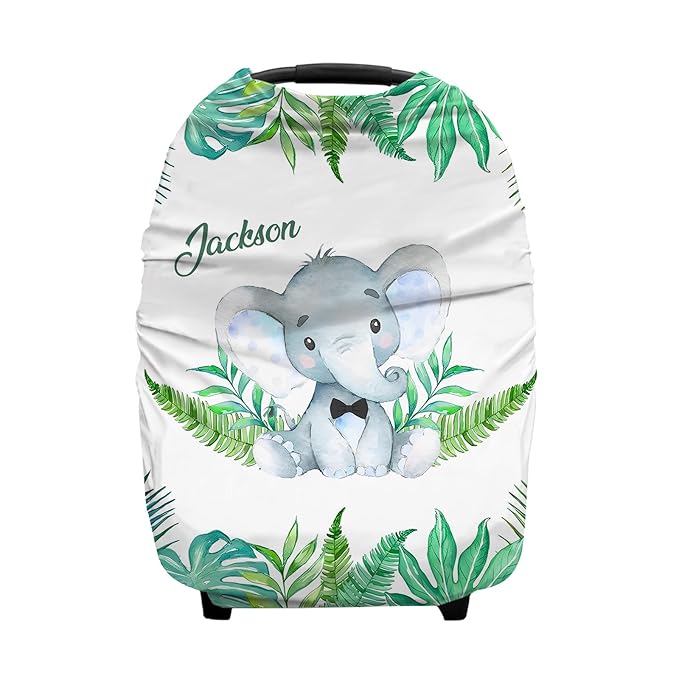 Personalized Baby Car Seat Covers with Name, Custom Nursing Cover Breastfeeding for Babies, Carseat Canopy for Boys, Infant Stroller Cover for Winter, Breathable Carseats Cover (Elephant Green Leaf)