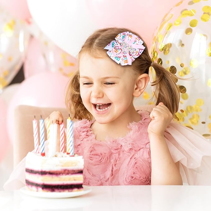 3.5in Glitter Happy Birthday Gift Hair Bows Alligator Clips for Girls 1-6 Years Pink Sprinkle Confetti Ice Cream Party Dress Pigtail Decoration Accessories for Kids 4th Birthday