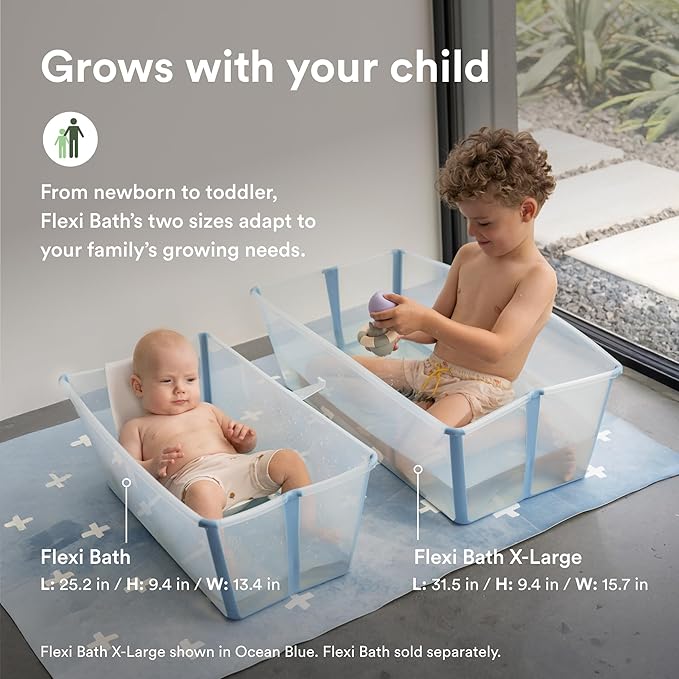 Stokke Flexi Bath X-Large Bundle, Sandy Beige - Spacious Baby Bathtub + Newborn Support - Lightweight, Foldable & Easy to Store - Best for Ages 0-6
