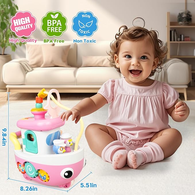 Love&Mini Toys for 1+ Year Old Girls - 9-in-1 Baby Boat Musical Toys Music and Sound, First Christmas 1st Birthday Gifts for 1+ Year Old Girls Gifts
