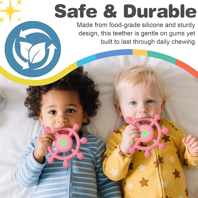 YOFUN 3-Speed Vibrating Baby Teether – Soothing Silicone Teething Toy for Infants 3M+, Food-Grade, USB Rechargeable – Soft & Safe Gum Relief for Babies (Pink)