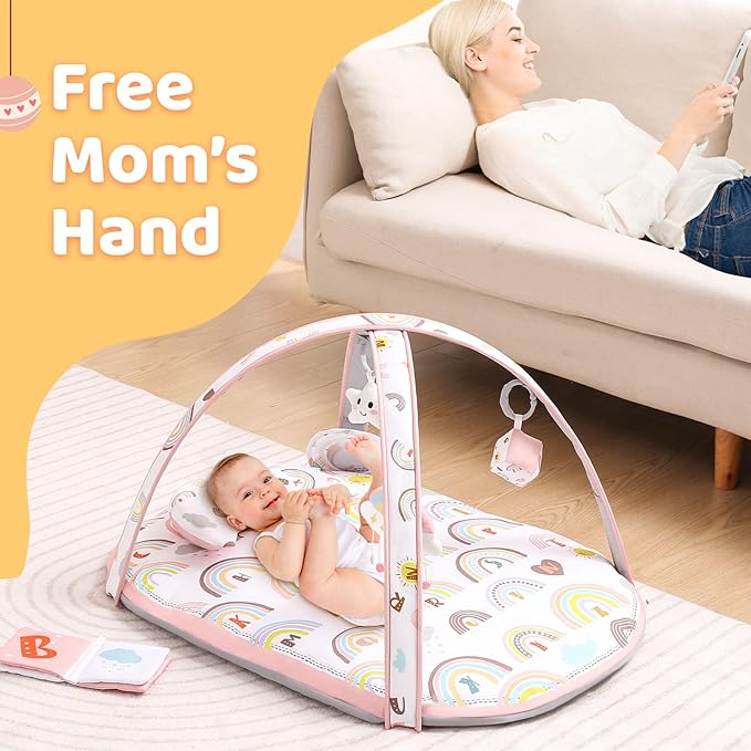Baby Play Gym Mat, Activity Gym & Plat Mat for Child Baby Girls, 7 in 1 Tummy Time Stage-Based Mat for Infant Sensory & Motor Skills Development