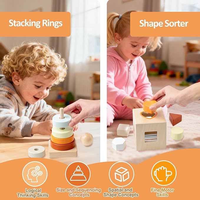 Wooden Montessori Toys for 6-12 Months,Montessori Baby Blocks Toy for 6-12-18 Months,Shape Sorting,Xylophone,Development Toys for Girls Boys Birthday Chiristmas Gifts