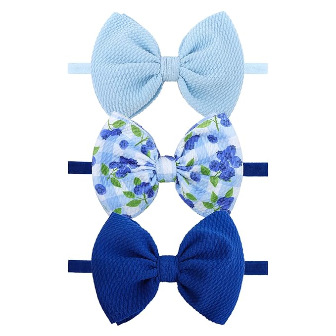 3PCS 4.5’’ Blueberry Baby Bow Blue Girls Headbands Navy Blue Bows Newborn Hair Accessories Summer Outfits for Infant Toddler Girl Clothes