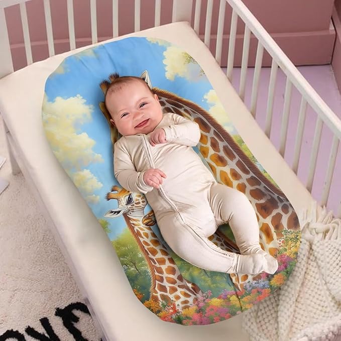 Giraffe Family Baby Lounger Cover for Boys, Newborn Snuggle Me Lounger Covers, Removable Nest Slipcover Soft Comfortable 31.5'' x 21.3''
