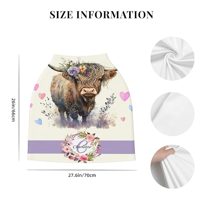 Personalized Highland Cow Baby Car Seat Cover with Name,Multi-Use Canopy for Nursing, Strollers,Shopping Carts,Customized Breastfeeding Cover, Full Privacy,Infant Stroller Cover