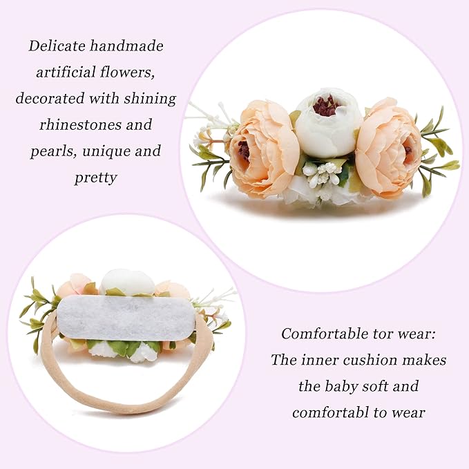 Baby Girl Flower Headband 6 PCS Elastic Hairbands Handmade Nylon Bows Headbands Chic Floral Hair Accessories Kids Gifts for Newborn Infant Toddlers