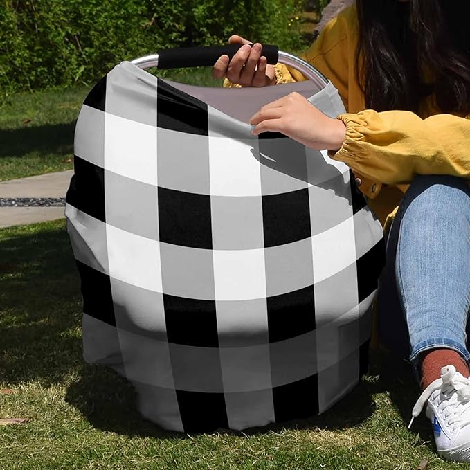Black White Car Seat Covers for Babies, Buffalo Plaid Grey Check Lattice Geometric Nursing Breastfeeding Covers Stretchy Breathable Baby Carseat Canopy Cover for Girls and Boys Shower Gifts