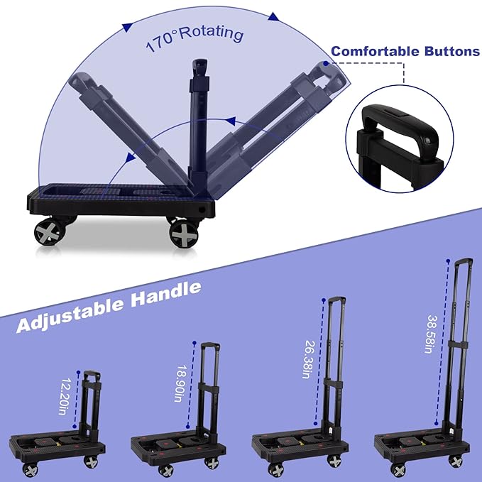 Folding Hand Truck Lightweight,Foldable Dolly with 4 Rotate Wheels,110 lbs Heavy Duty Hand cart for Luggage,Dolly for Moving Travel Shopping Airport Office Use