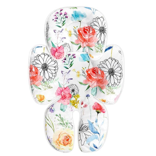 Infant Car Seat Insert, 2 in 1 Baby Head and Body Support for Car Seat, Soft Plush Newborn Carseat Cushion for Stroller Bouncer, White Floral