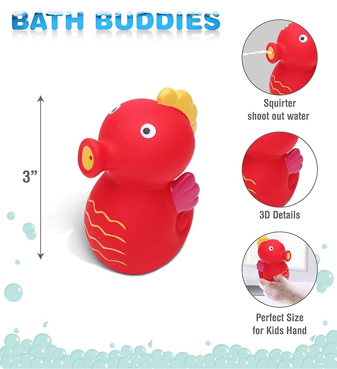 DolliBu Seahorse Bath Buddy Squirter – Floating Red Seahorse Rubber Bath Toy, Fun Water Squirting Bathtime Play for Toddlers, Cute Sea Life Animal Toy for The Bathtub, Beach, & Pool for Girls & Boys