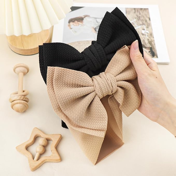 YanJie 2PCS 7'' Super Durable Soft Knot Headbands with Hair Bows Infant Toddlers Kids Hair Accessories Beige Black Headband for Newborn Baby Girls