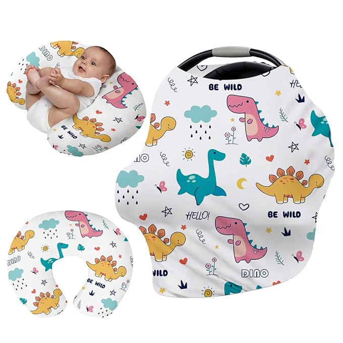 Custom Name Car Seat Canopy - Baby Car Seat Covers, Pink Dinosaur Print Infant Stroller Cover, Carseat Canopy Christmas Birthday Gifts for Girls and Boys(27"x29")