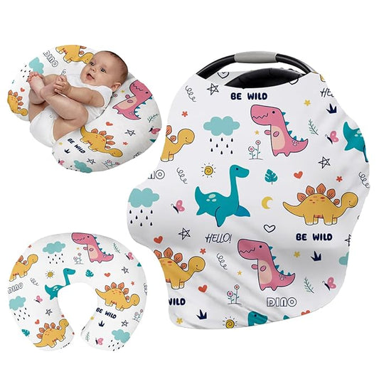 Custom Name Car Seat Canopy - Baby Car Seat Covers, Pink Dinosaur Print Infant Stroller Cover, Carseat Canopy Christmas Birthday Gifts for Girls and Boys(27"x29")