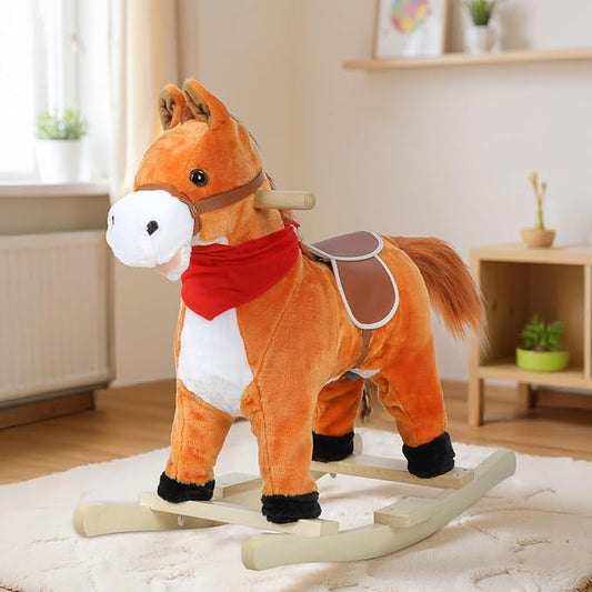 Rocking Horse for Toddlers Ages 1-6, Plush Ride On Toy with Sounds Moving Mouth & Wagging Tail, Interactive Wooden Rocker for Kids, Baby Rocking Chair Toys up to 120kg (Light Brown Small)