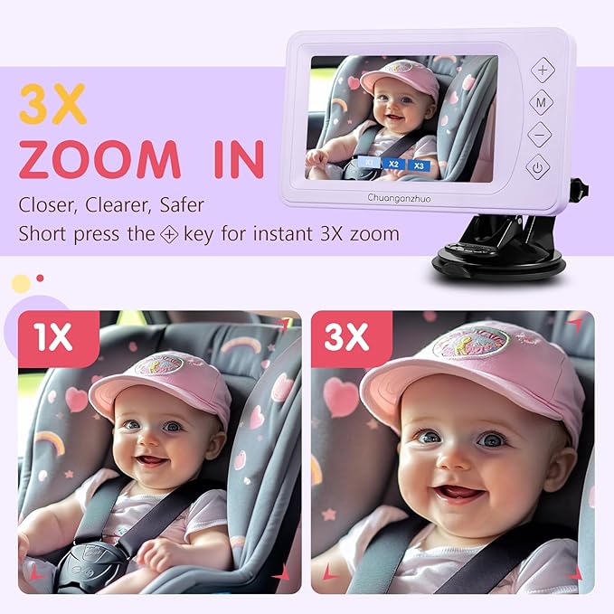 S100P Baby Car Camera with Ultra Night Vision, 5'' HD 1080P IPS Baby Car Monitor with 3X Zoom, Backseat/Carseat/Rear Seat Camera USB, Easy No-Damage Install, Safety for Infants and Pets(5 inch Purple)