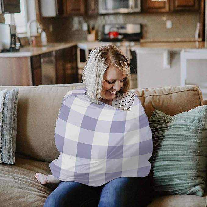 Purple White Plaid Car Seat Covers for Babies, Modern Geometric Checkered Lattice Nursing Breastfeeding Covers Stretchy Breathable Baby Carseat Canopy Cover for Girls and Boys Shower Gifts