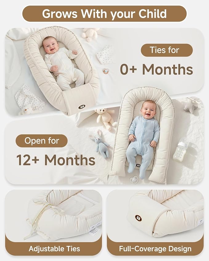 Baby Lounger, Adjustable Baby Lounger for Newborn 0-24 Months, Breathable & Soft Infant Lounger,Tummy Time Lounger for Home and Travel,Baby Girls & Boys Babies Stuff, Mother's Day Gift for Her, Beige