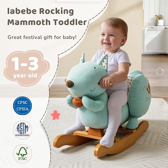 labebe Baby Rocking Horse, Blue Squirrel Rocking Horse for Toddler 1-3 Age Boy&Girl, Plush Rocking Squirrel with Seatbelt for 6 Months Babies, Children Ride-on Toy Wooden Animal Rocker