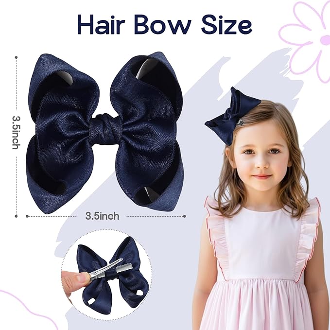OAOLEER 2PCS 3.5inch Hair Bows for Girls，Navy Stain Ribbon Hair Bows Alligator Clips Hair Accessories for Back To School Teen Toddler Girls Kids (Navy)