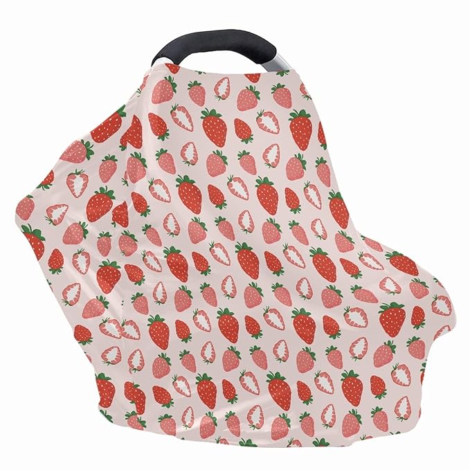Coldinair Strawberry Pink Car Seat Cover for Babies Girls,Soft Stretchy Nursing Cover,Breathable Infant Carseat Canopy,Shopping Cart/High Chair/Stroller Covers