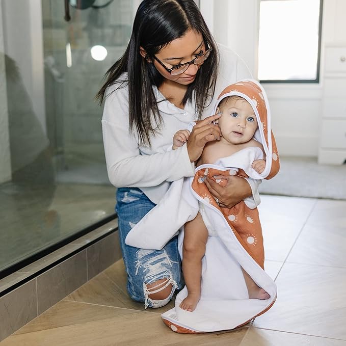 Mebie Baby Muslin Hooded Towel, Sunshine, Cute Hooded Baby Bath Towel for Newborn, Infant & Toddler, Modern Baby Towels and Washcloths for Boy & Girl, Floral & Pattern Hooded Baby Towels