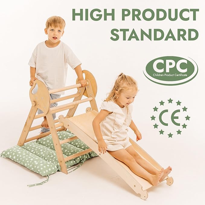 Goodevas 5-in-1 Toddler Climbing Toys Indoor Set - Pikler Triangle, Climbing Arch, Balance Cushion, Montessori Climbing Gym for Toddlers 1-3, Foldable Wooden Baby Activity Center, Jungle Gym for Kids