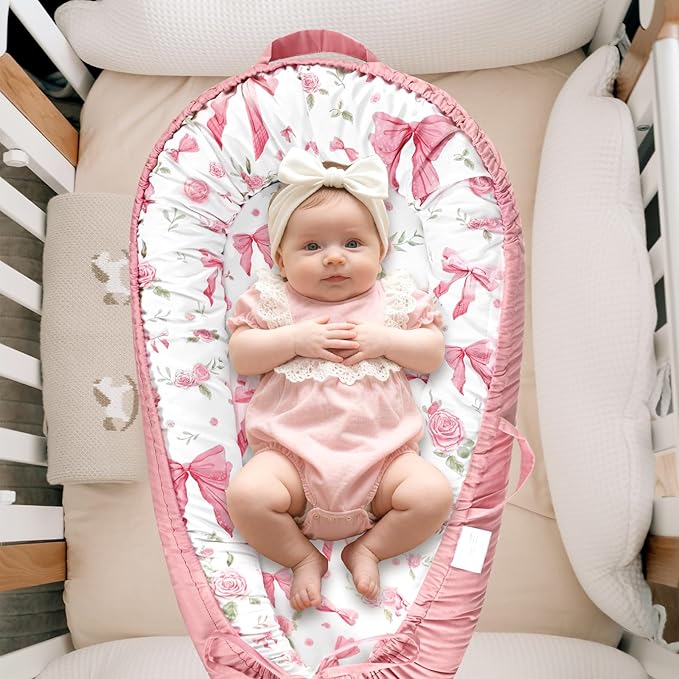 Baby Lounger Cover for Boys Girls, Reversible Baby Nest Cover, Adjustable Baby Lounger Replaceable Cover for Infant Newborn, Portable and Machine Washable, Cotton Pink Rose Cover Only