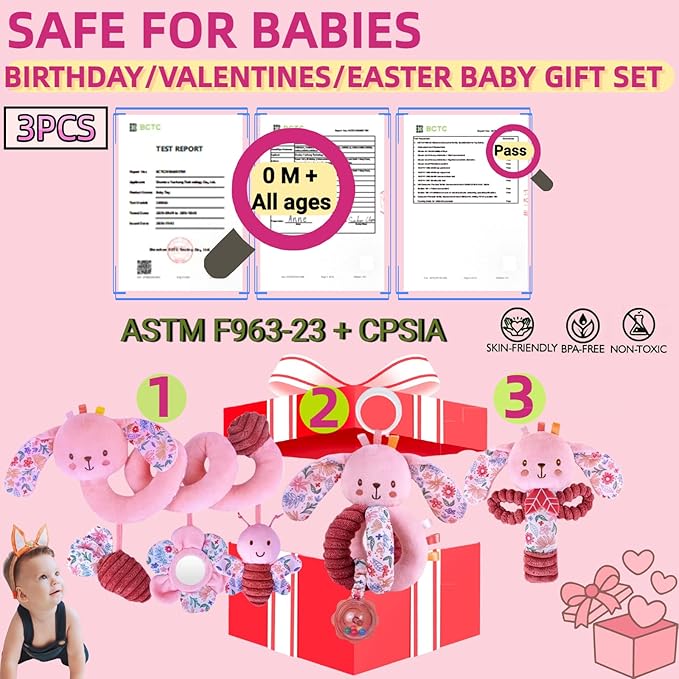 Baby Spiral Car Seat Toys for Babies 0-6 Months Girl, Stroller Hanging Stuffed Animal Carseat Crinkle Rabbit Toy 0-3-4-5-7-8-9-12 Month, Newborn Infant Gifts Easter Basket Stuffers Bunny 3PCS