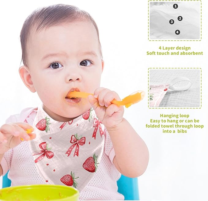 Baby Gauze Towels for Kids Soft Handkerchief Newborn 100% Cotton Strawberry Bows Cute Absorbent 12x12 Inch 3 Pack