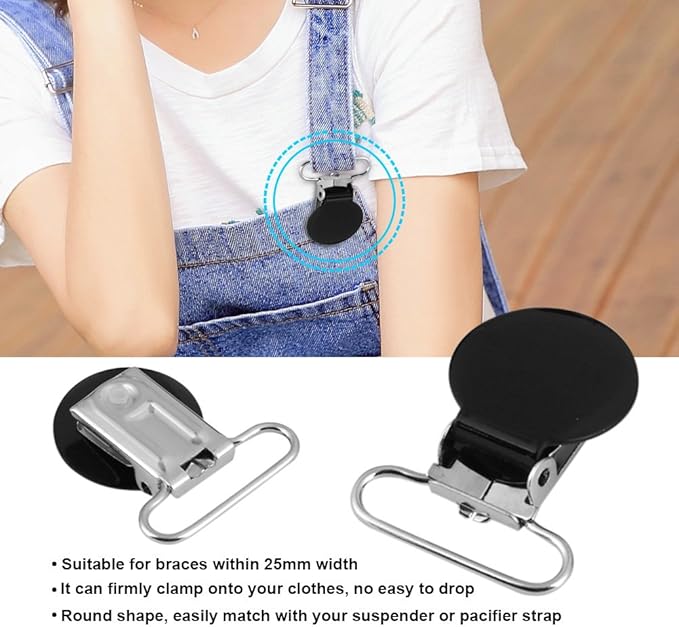 Pacifier Clips, 10 Pieces Suspender Clips 25mm Round Iron Suspender Clips for DIY Making, 36.5mm/1.4inch(Black)