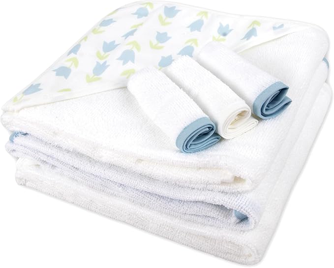 Jessica Simpson Baby 6-Piece Hooded Towel & Washcloth Set – Soft Polyester Hooded Towels + Matching Washcloths – Blue & Neutral Floral Design
