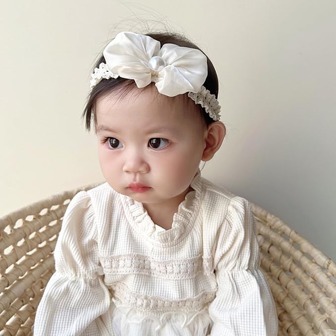 Baby Girls Hairband White Bow Lace Headbands Handmade Soft Stretchy Bowknot Hairbands Newborn Headband with Bows Pearls Elastic Head Band for Newborn Infant(Beige Satin Bow)