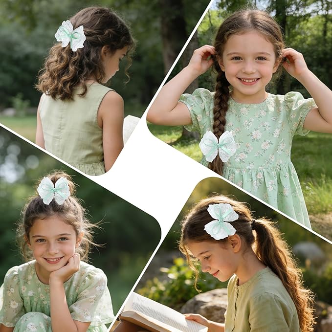 2pcs green hair bow clips for girls. White lace bow with light green hair ribbon, fully lined alligator clips. Handmade hair accessories for girls.