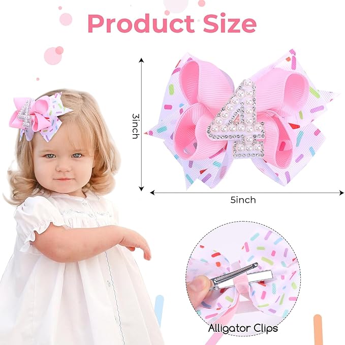 2PCS Hair Bows for Baby Girls Birthday - 4th Birthday Hair Bow Sweet Theme with Ice Cream Party, Pink Hair Accessories for Baby Toddler 1 2 3 4 5 6 Years, Outfit & Decorations