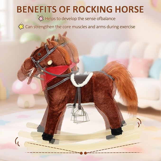 Rocking Horse Toy for Kids Plush Ride on Animal with Wooden Rockers, Moving Mouth and Wagging Tail, Musical Sounds, Baby Rocking Chair, 120kg Weight Capacity, Ages 1-6 Dark Brown Small