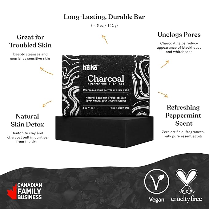 Keika Charcoal Black Soap Bar for Eczema, Psoriasis, Face, Body, Men Women Teens with Oily Skin, 5 oz.