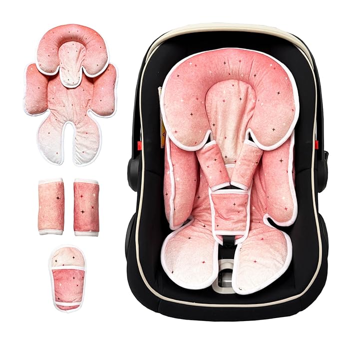 Infant Car Seat Insert, Soft Baby Car Seat Head Body for Girl Boy, Reversible Baby Carriage Pad with Strap Covers Fit Car Seat, Stroller, Bouncer, Pink Star
