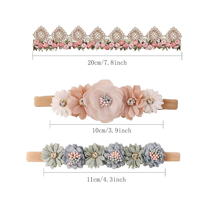 Baby Girl Flower Headbands and Bows, Stretchy Soft Nylon Floral Crown, 3pcs Handmade Hair Accessories for Newborn Infant Toddler