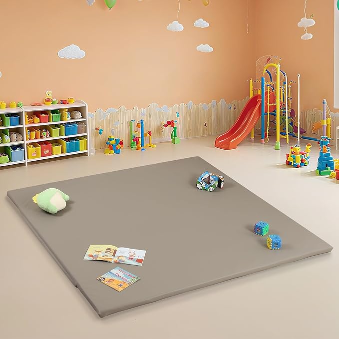 MOMCAYWEX 50"x50" Premium Baby Play Mat, Memory Foam with Wipe-Clean Leather Cover, Non-Slip & Machine Washable Floor Mat for Tummy Time, Crawling and Family Bonding Time, Grey